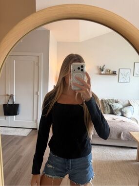 Express Black Long Sleeve Square Neck Top